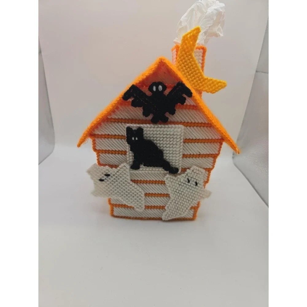 Handmade Needlepoint Plastic Canvas Tissue Box Cover Halloween Cats/Ghosts Bats